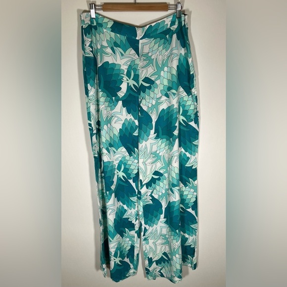 Trina Turk Long Weekend Wide Leg Pants tranquil turquoise floral boho sz14 flowy - Picture 1 of 11